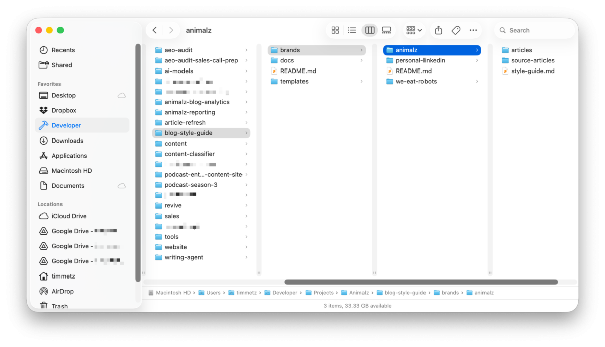 My organization of a Claude Code blog style guide creator project in Claude Code.